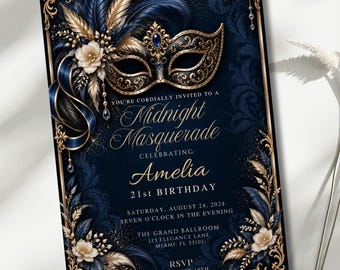 Masquerade Birthday Invitation, Midnight Masquerade Party Invite, Black and Gold Invitation, Editable 5x7 Canva Template