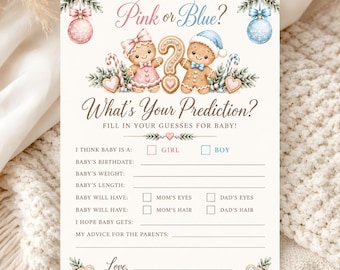 Gender Guessing Game, Gingerbread Baby Predictions Card, Christmas Gender Reveal Game, Pink or Blue 5x7 Printable Canva Template