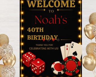 Casino Night Welcome Sign, Editable Vegas Party Board, Poker Birthday Entrance Poster, Canva Template, Digital Download