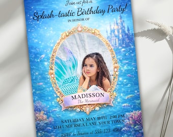Mermaid Photo Birthday Invitation | Under the Sea Mermaid Party | Girls Birthday Invite | Fairytale Ocean Theme | Editable Canva Template
