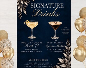 PhD Party Decorations, Doctorate Graduation Signature Drinks Sign, Graduation Bar Menu, Editable Canva Template, Navy Gold