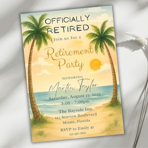 Invito per festa di pensionamento tropicale, modello modificabile Canva Evite, invito per pensionamento al tramonto sulla spiaggia, download digitale, biglietto d'invito per festa estiva