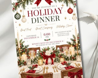 Holiday Dinner Invitation, Elegant Christmas Dinner Invite, Holiday Dinner Party Editable 5x7 Canva Template