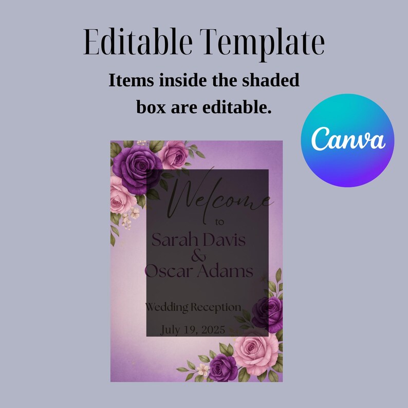 Purple Floral Wedding Welcome Sign 18x24, Editable Canva Template, Boho ...