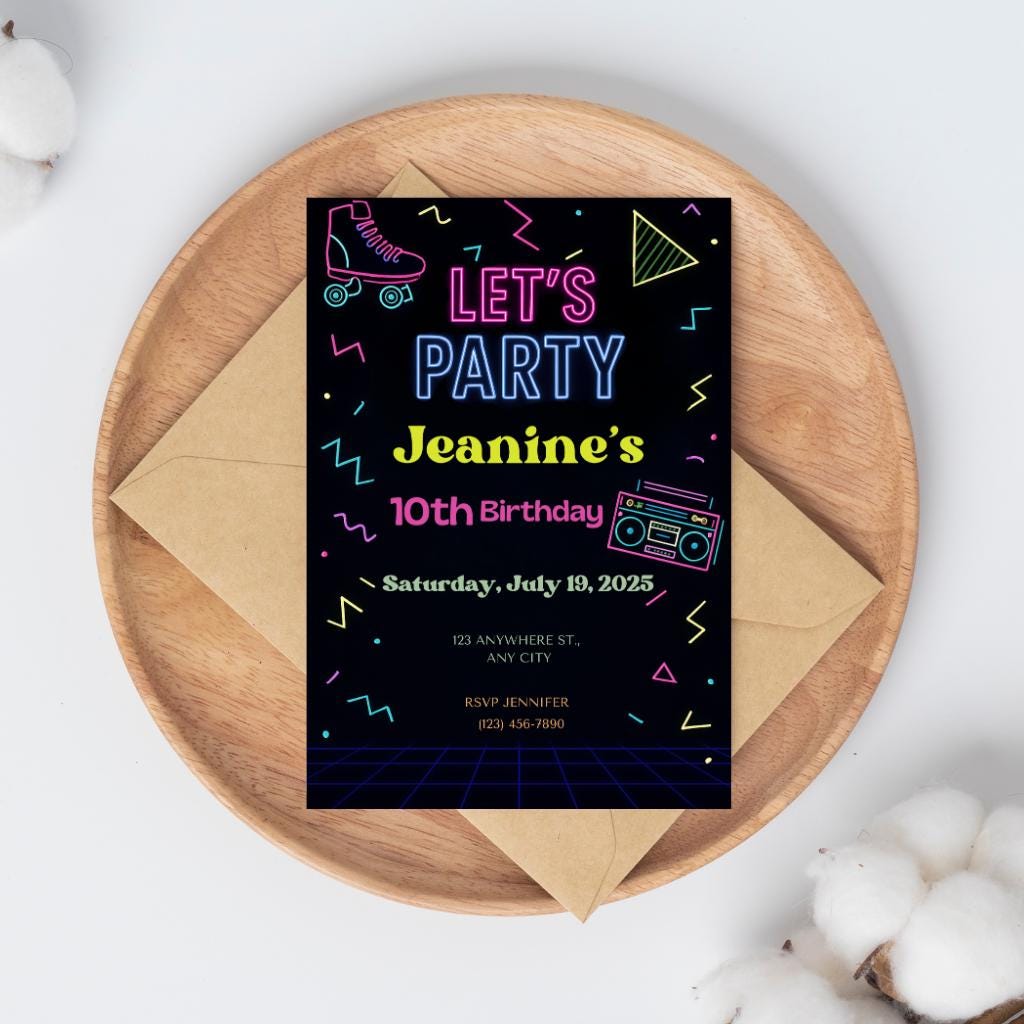 80s Birthday Invitation, Editable Retro Party Invite, Neon Glow