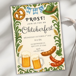 Può includere: Un invito a una festa dell'Oktoberfest con un design festoso che presenta un pretzel, boccali di birra, salsicce e un cappello tradizionale tedesco. L'invito include la data, l'ora e la posizione dell'evento. Sono incluse anche le informazioni RSVP.