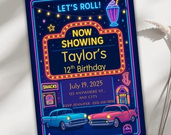 Retro Drive-In Birthday Invitation, Editable Canva Template Evite, 50s Movie Night Party Invite, Tween or Teen Birthday, Digital Download