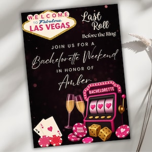 Invitación para despedida de soltera en Las Vegas, plantilla editable de Canva de 2 páginas para Evite, itinerario para fiesta de casino con glamour rosa, descarga digital