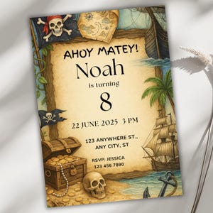 Invitation bateau pirate pour enfants, modèle de toile de fête d'anniversaire modifiable, téléchargement numérique, invitation aventure amusante imprimable, Evite numérique