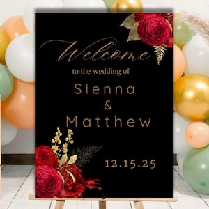 Letrero de bienvenida para boda en oro negro, elegante decoración personalizada con rosas rojas para tu día especial, letrero de boda personalizado, póster de cartón pluma.