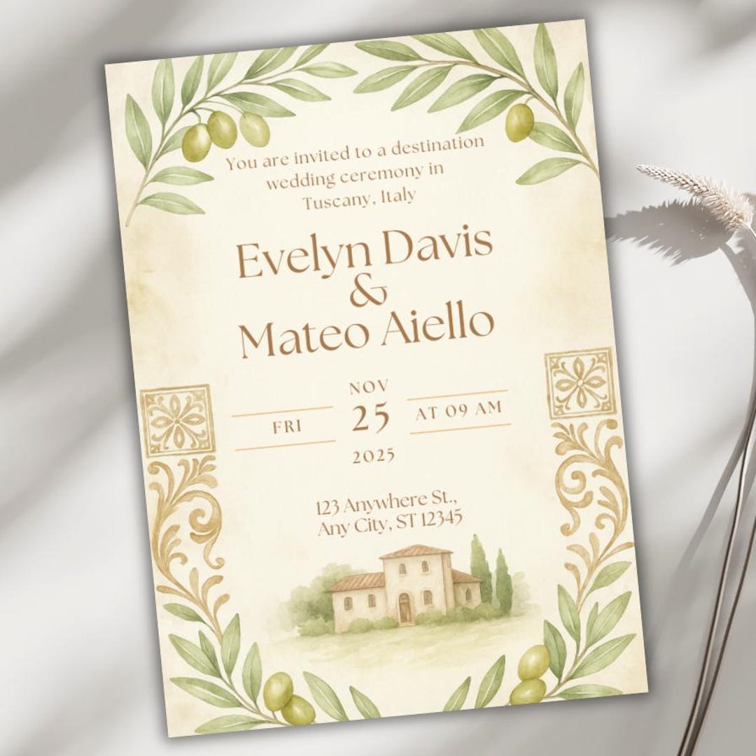 Italy Wedding Editable Invitation, Tuscany Canva Template Evite, Olive ...