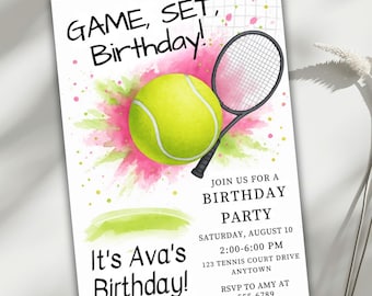 Tennis Birthday Invitation, Game Set Match Party Invite, Editable Canva Template, Girls Sports Theme Digital Download, Kids Birthday Card