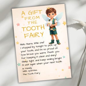 May include: A Tooth Fairy gift card with a cartoon illustration of a fairy boy holding a tooth. The card has text that reads "A Gift From The Tooth Fairy" and a message to the child.
