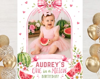 One in a Melon Welcome Sign, Watermelon Party Entrance Poster, Girl 1st Birthday Photo Board, Sweet One Decor, 18x24 Editable Canva Template