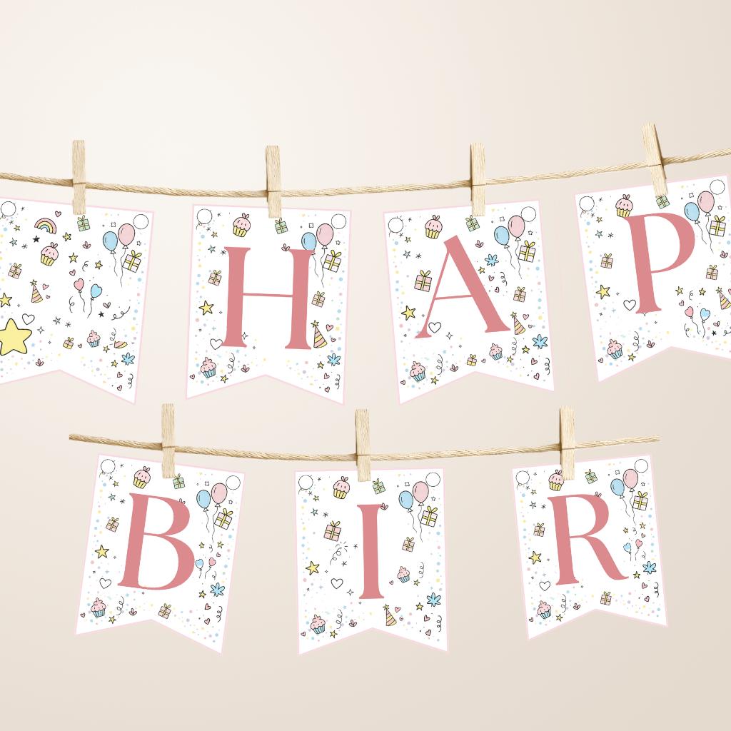 Editable Party Flags Editable Doodle Party Banner Template, Printable Happy Birthday Flags ...
