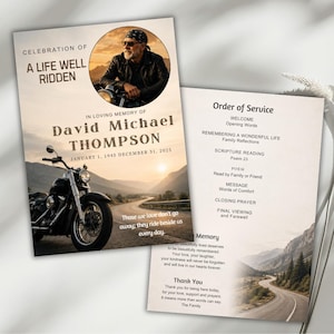 May include: A memorial service program with a photo of a man on a motorcycle. The program includes the text "Celebration of a Life Well Ridden" and "In Loving Memory of David Michael Thompson". The order of service is also listed.