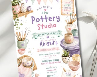 Pottery Birthday Invitation, Paint Your Own Pottery Party, Editable 5x7 Canva Template, Ceramic Pottery Painting Studio Girls Invite