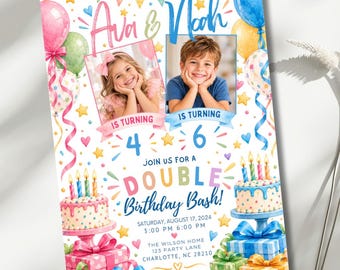 Double Birthday Party Invitation with Photos, Sibling Birthday Party Invite, Joint Birthday Invitation for Two Kids, Canva 5x7 Template