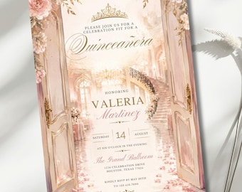 Quinceañera Invitation, Elegant Quince Invite, Luxury Gold Ballroom Invitation, Editable Pink Floral 5x7 Canva Template Digital Download