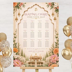 May include: A wedding seating chart sign featuring an arched frame, floral illustrations, and hanging lanterns. The text reads SEATING CHART, FIND YOUR SEAT, THANK YOU FOR CELEBRATING WITH US, AISHWARYA & RISHABH, and JUNE 22, 2025, with twelve table lists.