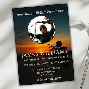 Convite para Celebração da Vida de Motociclista, Modelo de Memorial de Motociclista no Canva, Cartão Funeral Editável para Ele, Tributo Gratuito, Download Digital