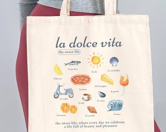 Borsa La Dolce Vita Italia Borsa per pomodoro Ragazza estiva Borsa per vino Borsa per frutta sardina Borsa per mercato agricolo a tema italiano Regali italiani Detti italiani