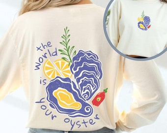 Camisa de manga larga Oyster Nieta costera Estilo inspirado en el océano Camisa de ostras y mariscos Estética costera Chica tomate Estética de dinero antiguo