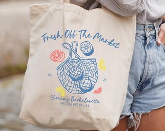 Personalized Fresh Off The Market Bride Tote Bag Lemon Fruit Tote Bag Shes Off The Market Bridesmaid Tote Bags Coastal Wedding Party Gifts