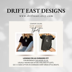 Peut inclure: Guide des tailles pour t-shirts avec deux mannequins portant des t-shirts noirs et gris. Le mannequin &agrave; gauche porte une taille M et le mannequin &agrave; droite porte une taille XL. Le texte indique "COMFORT COLORS SIZE GUIDE Tshirt LOOKING FOR AN OVERSIZED FIT? FOR REFERENCE THE MODEL IS 5'8. USUALLY WEARS SIZE M FOR A RELAXED FIT (LEFT). GO 2-3 SIZES UP FOR AN OVERSIZED SHIRT DRESS STYLE (RIGHT)."