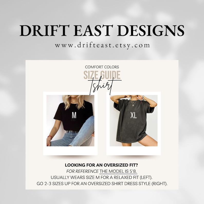 Peut inclure: Guide des tailles pour t-shirts avec deux mannequins portant des t-shirts noirs et gris. Le mannequin &agrave; gauche porte une taille M et le mannequin &agrave; droite porte une taille XL. Le texte indique "COMFORT COLORS SIZE GUIDE Tshirt LOOKING FOR AN OVERSIZED FIT? FOR REFERENCE THE MODEL IS 5'8. USUALLY WEARS SIZE M FOR A RELAXED FIT (LEFT). GO 2-3 SIZES UP FOR AN OVERSIZED SHIRT DRESS STYLE (RIGHT)."