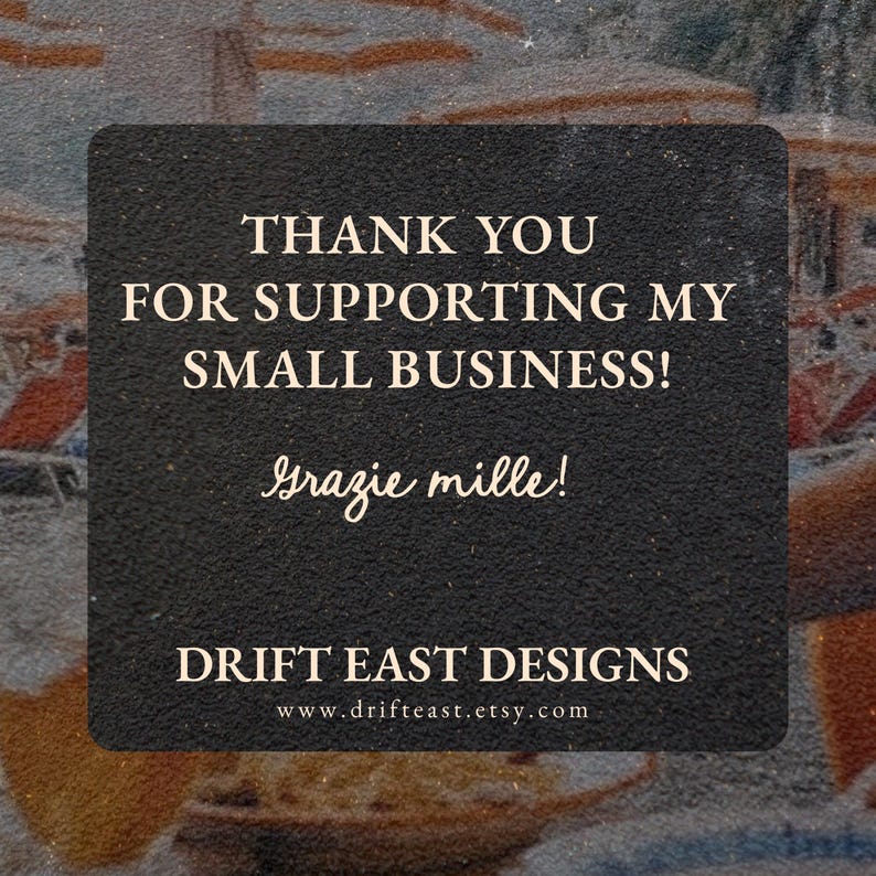 May include: A rectangular black card with a textured surface featuring the white text THANK YOU FOR SUPPORTING MY SMALL BUSINESS! followed by the script text Grazie mille! and the brand name DRIFT EAST DESIGNS with the URL www.drifteast.etsy.com.