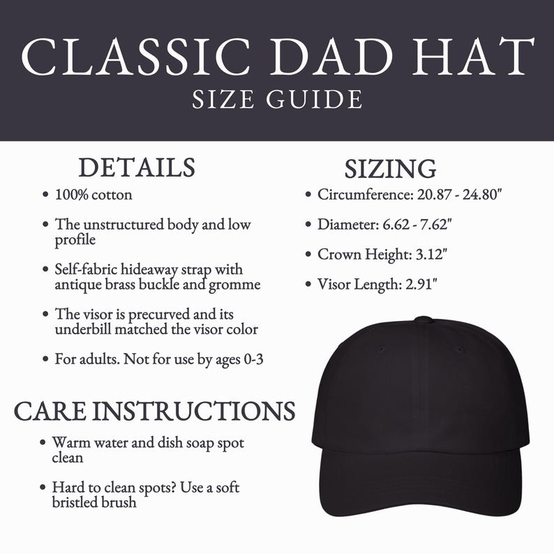 Pu&ograve; includere: Cappellino da pap&agrave; classico nero con un profilo basso strutturato. Il cappello ha un cinturino nascosto in tessuto con una fibbia e un occhiello in ottone antico. La visiera &egrave; precurvata e il sottovisiera &egrave; abbinato al colore della visiera. Istruzioni per la cura: lavare con acqua tiepida e sapone per piatti, utilizzare una spazzola a setole morbide per le macchie difficili da pulire. Guida alle taglie: Circonferenza: 20,87-24,80 pollici, Diametro: 6,62-7,62 pollici, Altezza della corona: 3,12 pollici, Lunghezza della visiera: 2,91 pollici.
