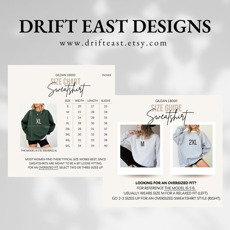 K&ouml;nnte beinhalten: Bild mit einer Gr&ouml;&szlig;entabelle und einem Gr&ouml;&szlig;enratgeber f&uuml;r Gildan 18000 Sweatshirts. Die Tabelle enth&auml;lt Ma&szlig;e in Zoll f&uuml;r die Gr&ouml;&szlig;en S bis 5XL. Die Website www.drifteast.etsy.com wird ebenfalls angezeigt.
