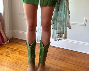 Vintage Cowboy Boots Tan Green Top Super Cool 7.5 8