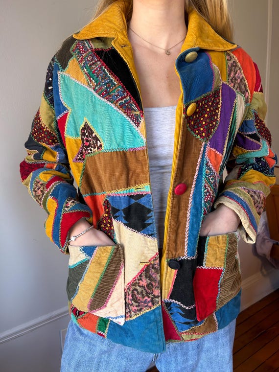 Handmade Patchwork corduroy jacket silk lining 19… - image 2