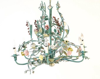 Vintage painted tole flowers large chandelier french Hollywood regency