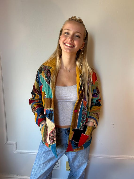 Handmade Patchwork corduroy jacket silk lining 19… - image 6