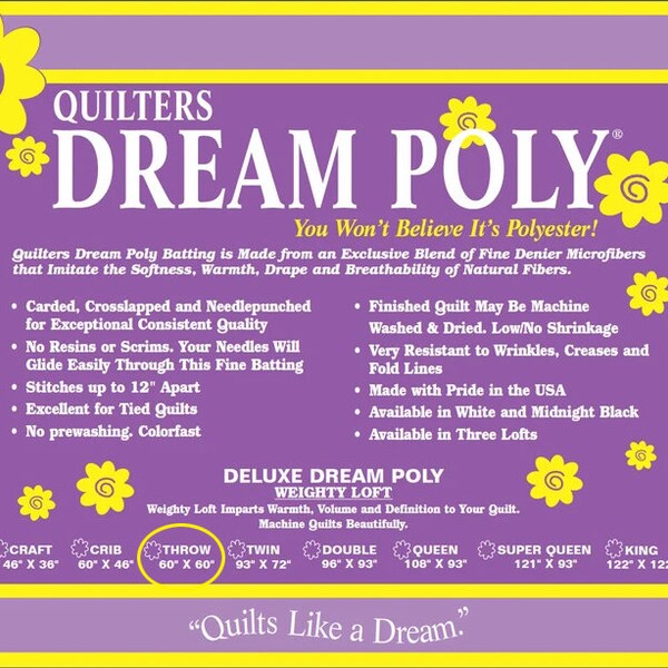 QUILTERS DREAM BATTING - Dream Poly Deluxe (Throw 60" x 60") Premium Quilt Batting in Weighty Loft