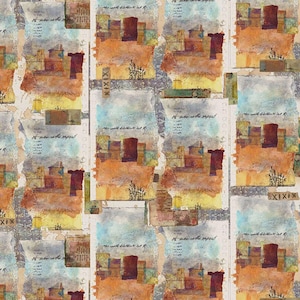 Peut inclure: Impression d'art abstrait présentant un motif répété de textures et de couleurs superposées. Le design intègre des éléments de collage avec des effets de papier déchiré, des écritures manuscrites et des formes géométriques dans des tons de brun, orange, jaune et bleu.