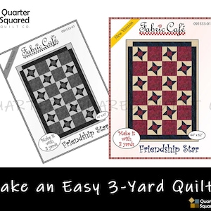 Peut inclure: Deux patrons de courtepointe pour une courtepointe Friendship Star. Les patrons sont de Quarter Squared Quilt Co. et s'appellent "Fabric Cafe". Les patrons sont pour une courtepointe de 44x62 pouces et peuvent être réalisés avec 3 yards de tissu.