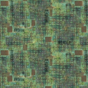 Peut inclure: Motif répétitif d'aspect grunge. Le design présente un mélange de teintes vertes, marron et bleues avec le mot « WANDER » imprimé en noir. Le motif comprend des formes rectangulaires et géométriques.