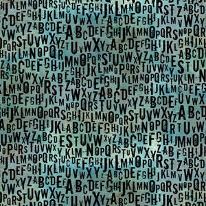 Peut inclure: Motif répété de lettres majuscules noires sur fond bleu et turquoise. Les lettres sont de tailles et d'orientations variées, créant un aspect texturé et vieilli. Le design rappelle la typographie vintage.