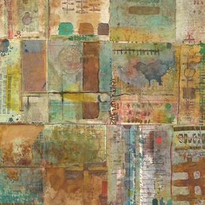 Peut inclure: Œuvre d'art abstraite en technique mixte composée de carrés texturés aux tons terreux. L'œuvre comprend du papier superposé, des éclaboussures de peinture et des éléments manuscrits, créant un effet de collage. L'esthétique générale est rustique et vintage.