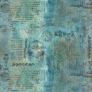 Peut inclure: Impression artistique abstraite avec un aspect vieilli et texturé. Le fond est de couleur sarcelle mouchetée, recouvert de texte noir, de cercles et de motifs linéaires. Des phrases comme "changes, chances" et "one step at a time" sont visibles.