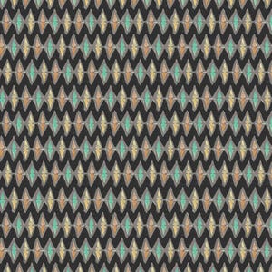 Peut inclure: Motif répétitif de losanges dans des tons de turquoise, d'or et d'orange sur fond noir. Les losanges sont disposés en rangées et en colonnes, créant un motif géométrique texturé. Le motif a un aspect dessiné à la main.