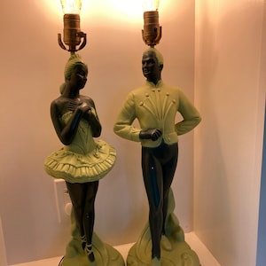 Vintage 1950s Chalk ware ballerina dancer lamps. Green
