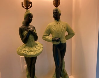 Vintage 1950s Chalk ware ballerina dancer lamps. Green