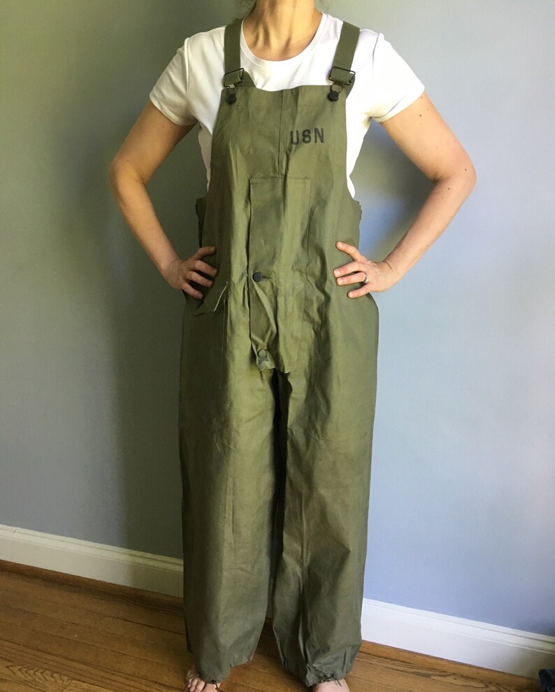 1940\u2019s USN US Navy cinch waist Deck coveralls sz small Vintage WWII Green Overalls