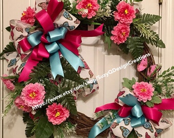 Spring Wreath, Mother Day, Grapevine, Butterfly decor, Entry door wreath