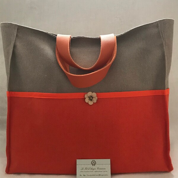 Sac cabas en lin bicolore orange et ficelle / Tote bag / Sac shopping/ Sac chic